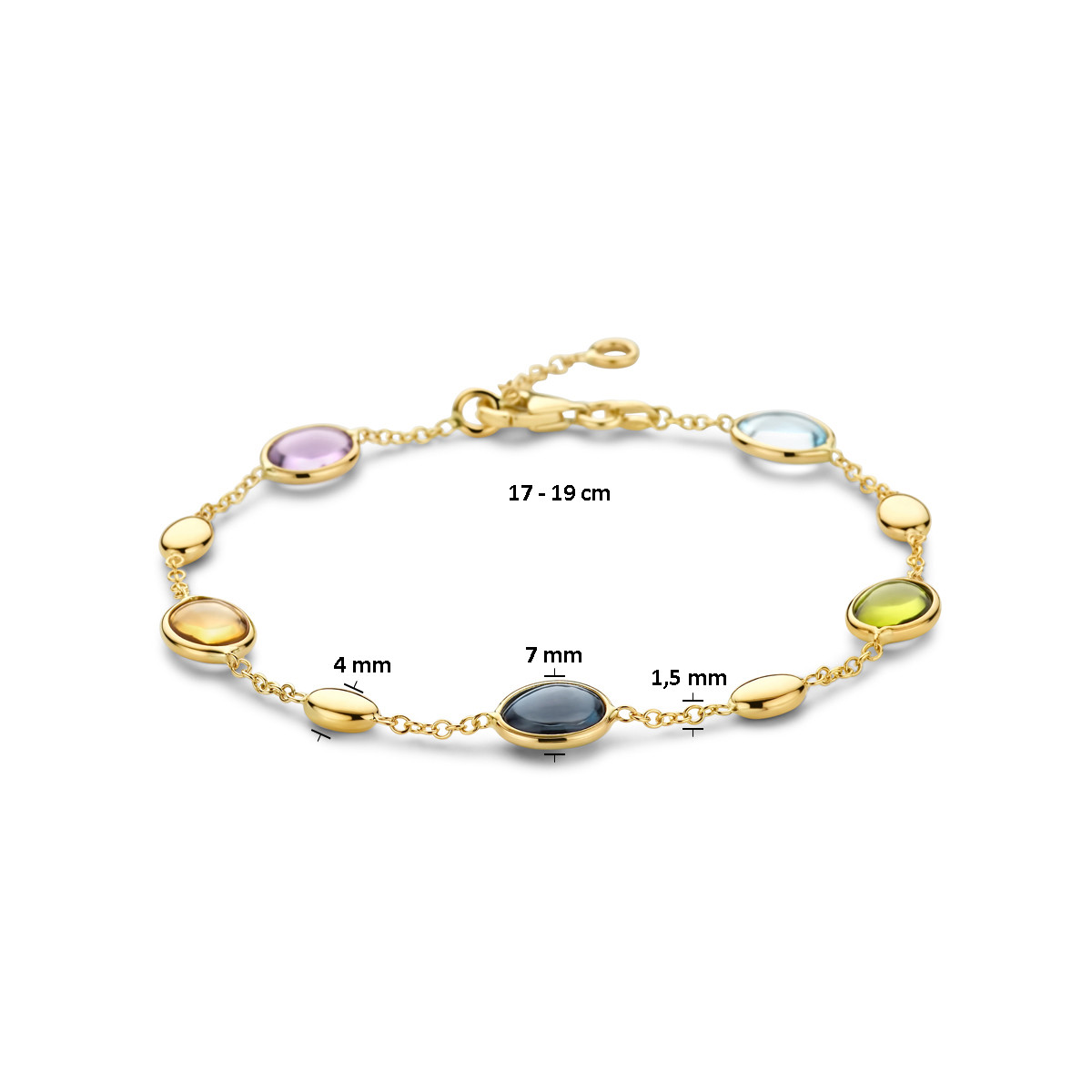 Kleurrijke 14-karaat gouden armband met peridoot, citrien, amethist, topaas en London blue topaas - Lengte 17 cm - 19 cm