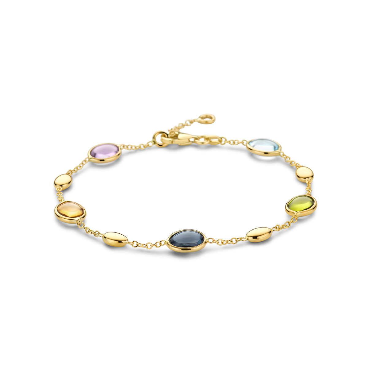 Kleurrijke 14-karaat gouden armband met peridoot, citrien, amethist, topaas en London blue topaas - Lengte 17 cm - 19 cm