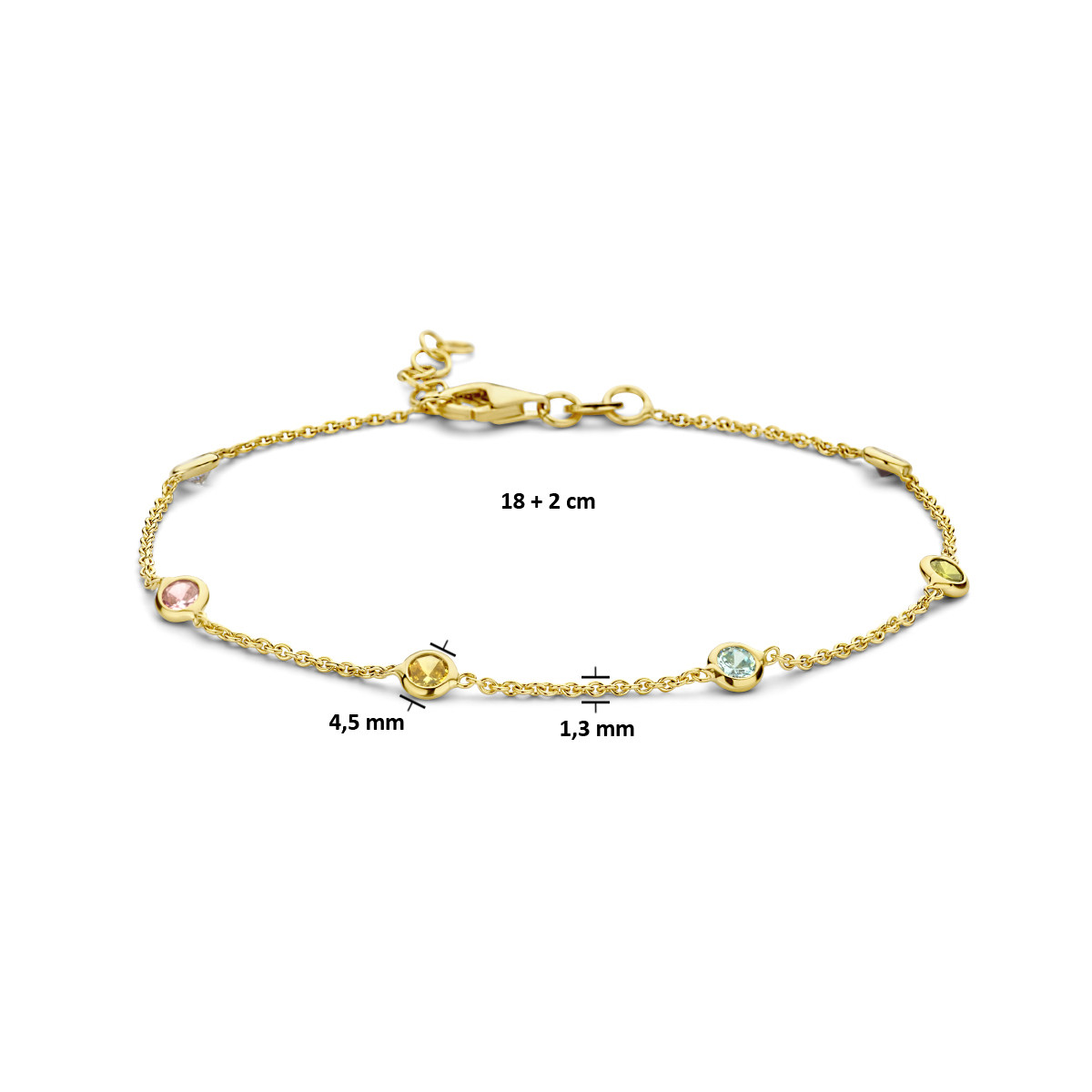 Kleurrijke gold plated armband met zirkonia stenen 1.3 mm breed - Lengte 18-20 cm