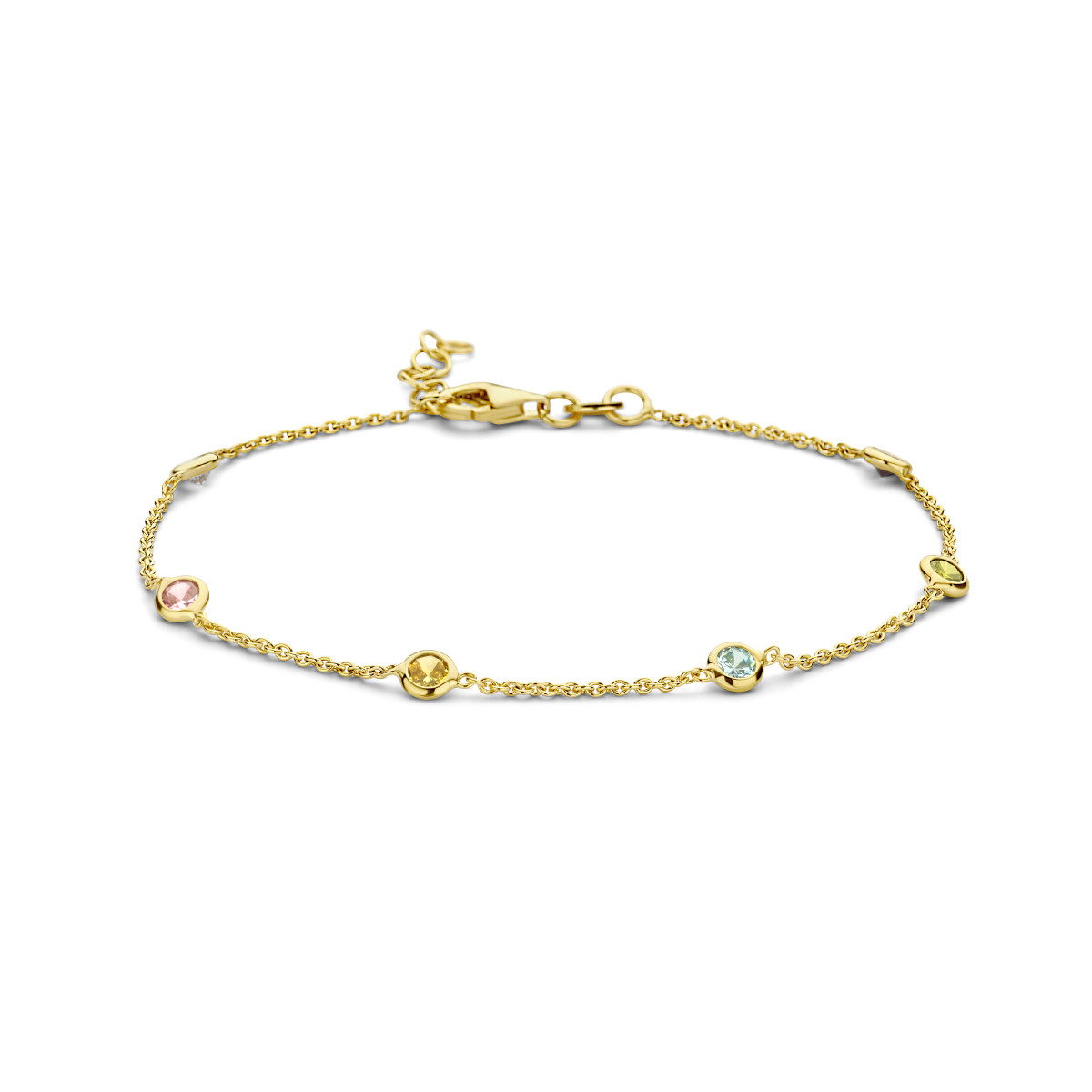 Kleurrijke gold plated armband met zirkonia stenen 1.3 mm breed - Lengte 18-20 cm