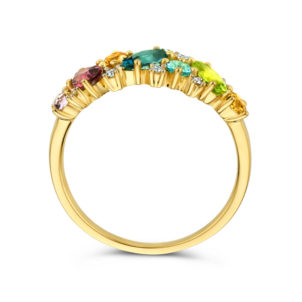 Kleurrijke gouden regeboog ring met amethist  London blue topaas  peridoot  rhodoliet  citrien en diamanten