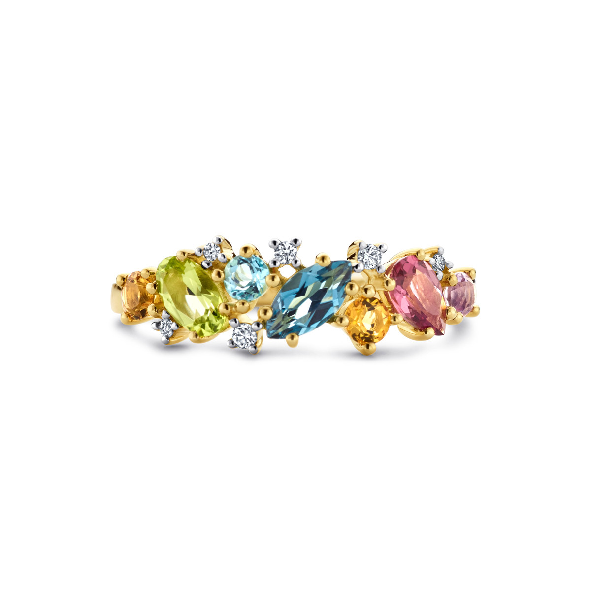 Kleurrijke gouden regeboog ring met amethist  London blue topaas  peridoot  rhodoliet  citrien en diamanten