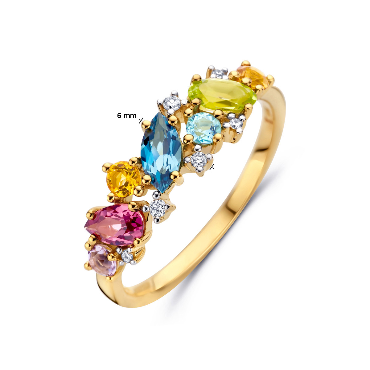 Kleurrijke gouden regeboog ring met amethist  London blue topaas  peridoot  rhodoliet  citrien en diamanten