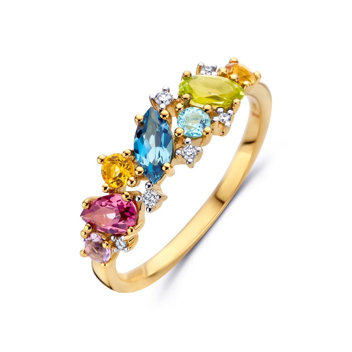 Kleurrijke gouden regeboog ring met amethist  London blue topaas  peridoot  rhodoliet  citrien en diamanten