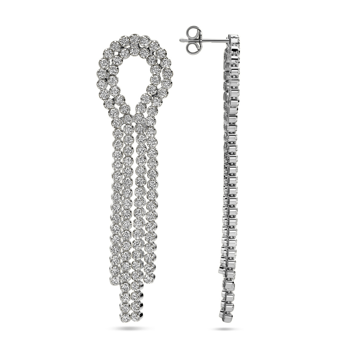 Lange zilveren oorhangers met vier rijen zirkonia's - Hoogte 65 mm