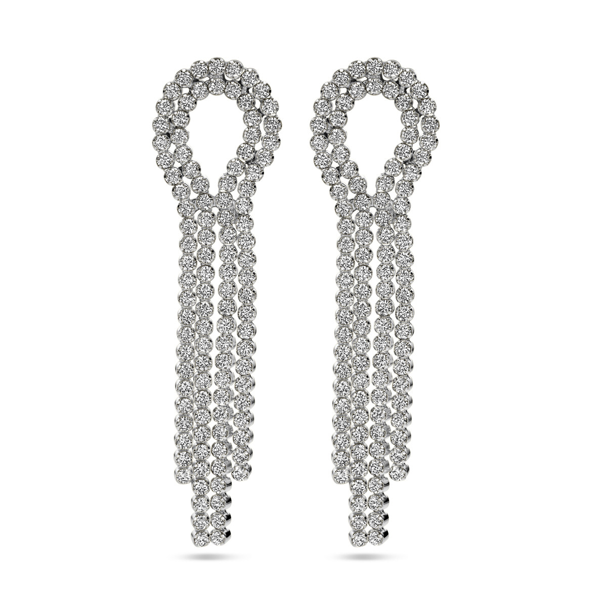 Lange zilveren oorhangers met vier rijen zirkonia's - Hoogte 65 mm