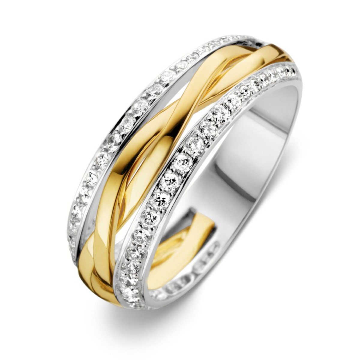 Luxe bicolor ring met vlecht en diamantrijen 0.47 crt.