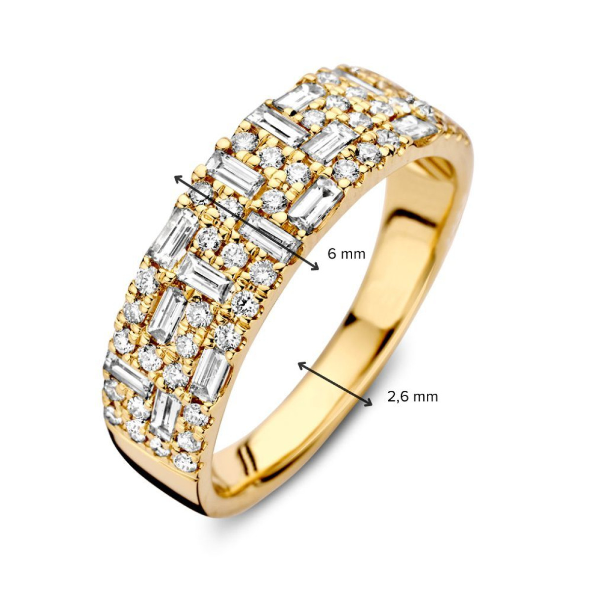Luxe brede gouden ring met briljant en baguette geslepen diamanten 0.94 crt