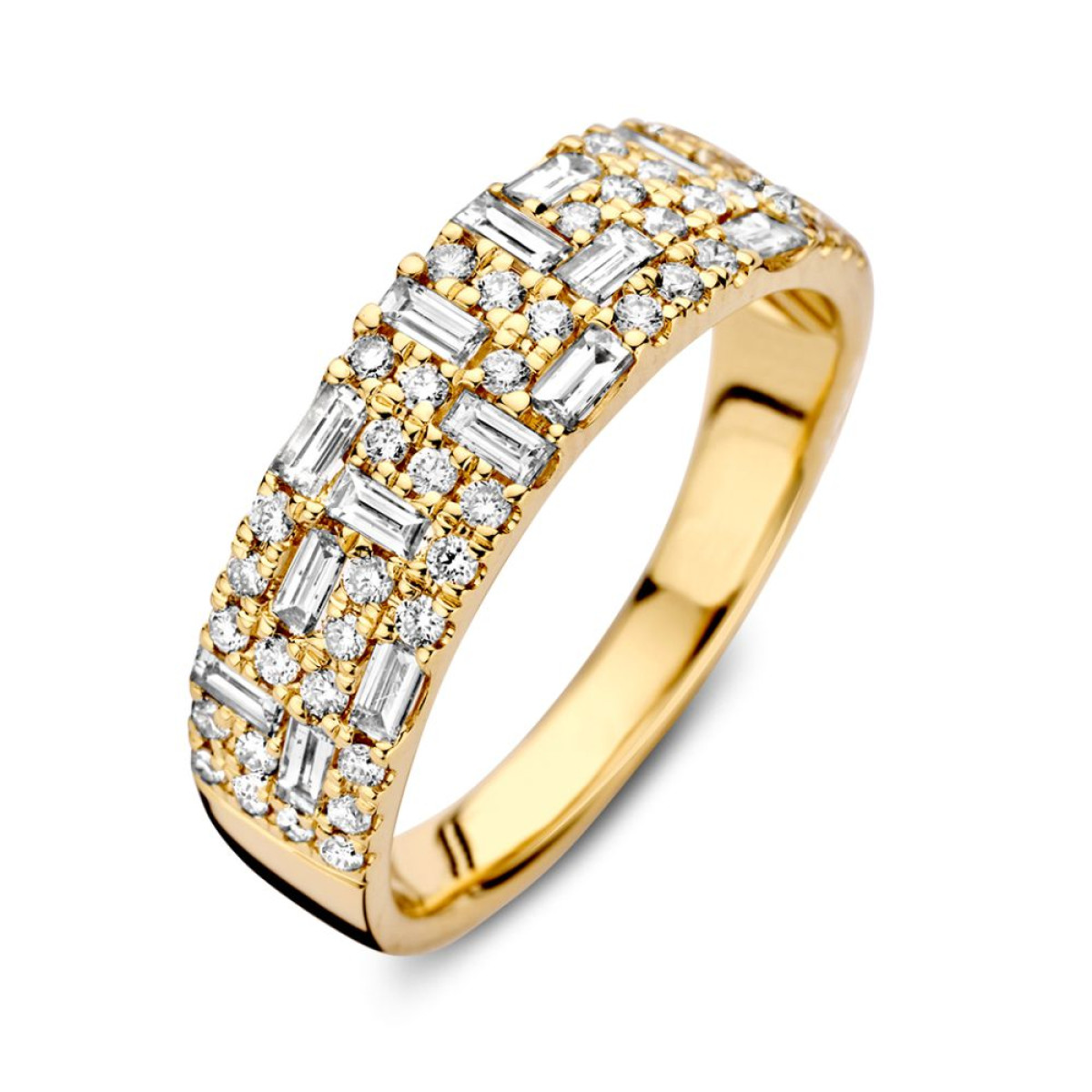Luxe brede gouden ring met briljant en baguette geslepen diamanten 0.94 crt