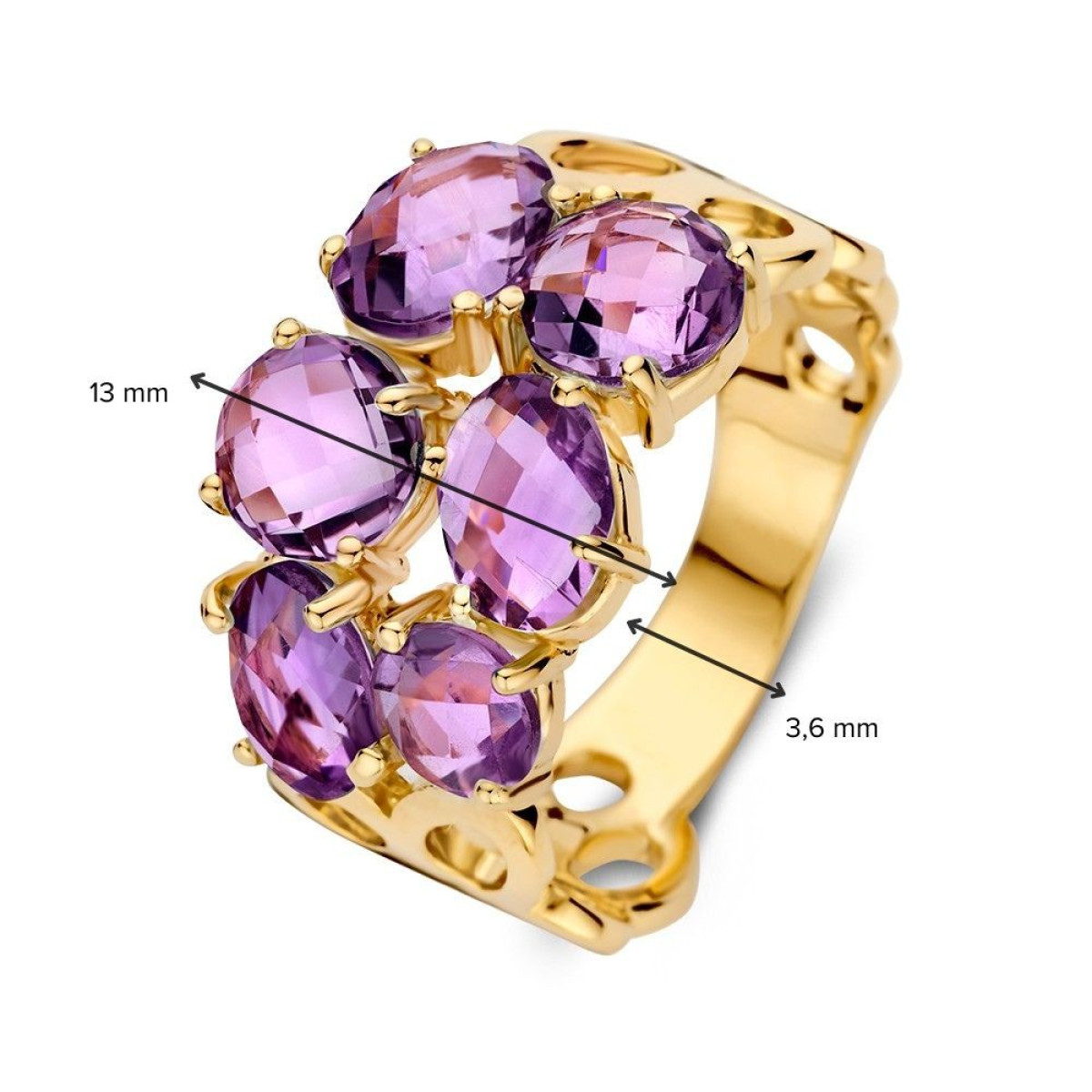 Luxe gouden ring met paarse amethist stenen van 13 mm breed