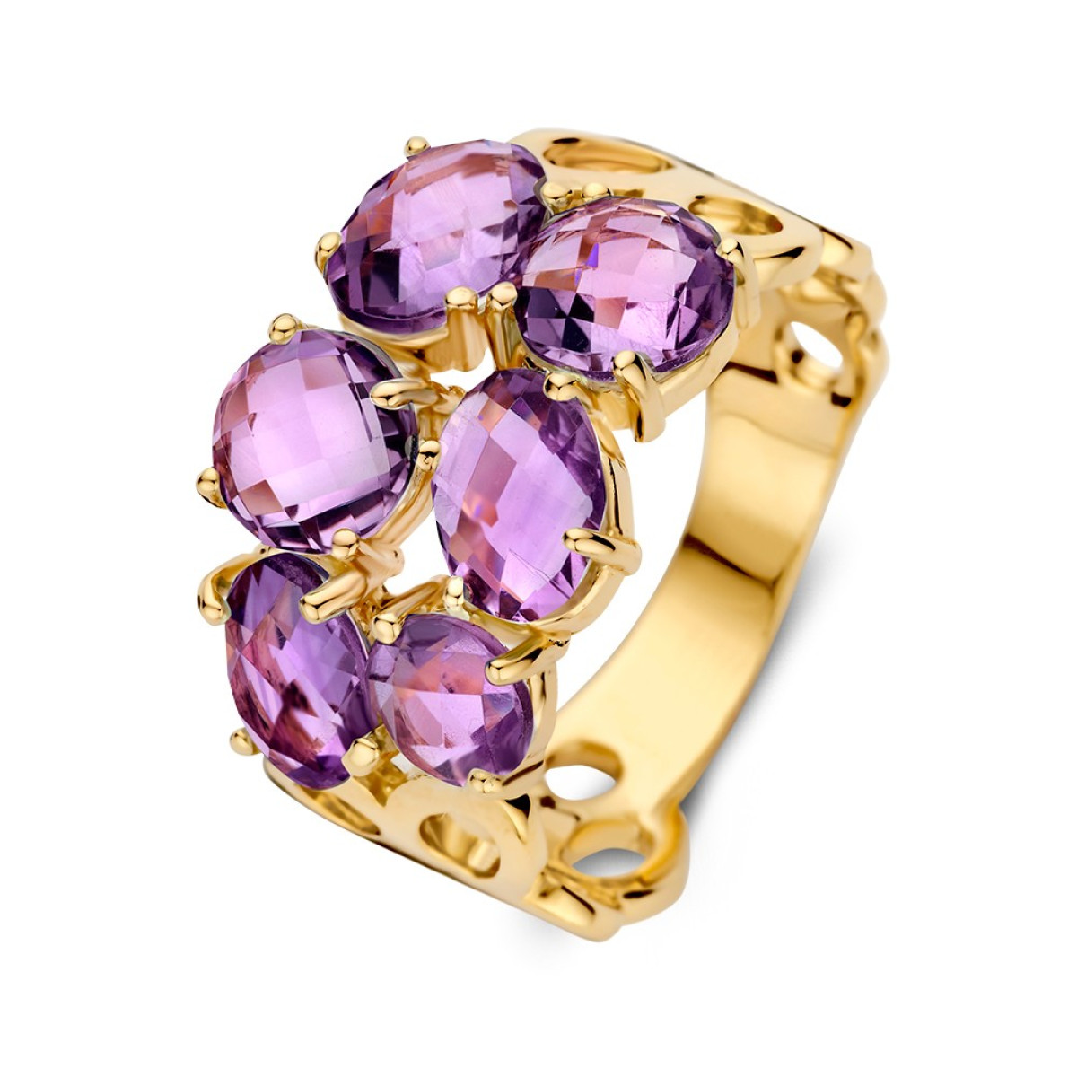 Luxe gouden ring met paarse amethist stenen van 13 mm breed