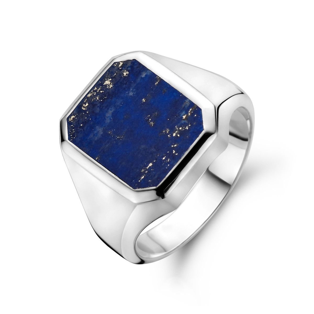 Massief zilveren zegelring met achthoekige blauwe lapis 11 mm x 13 mm