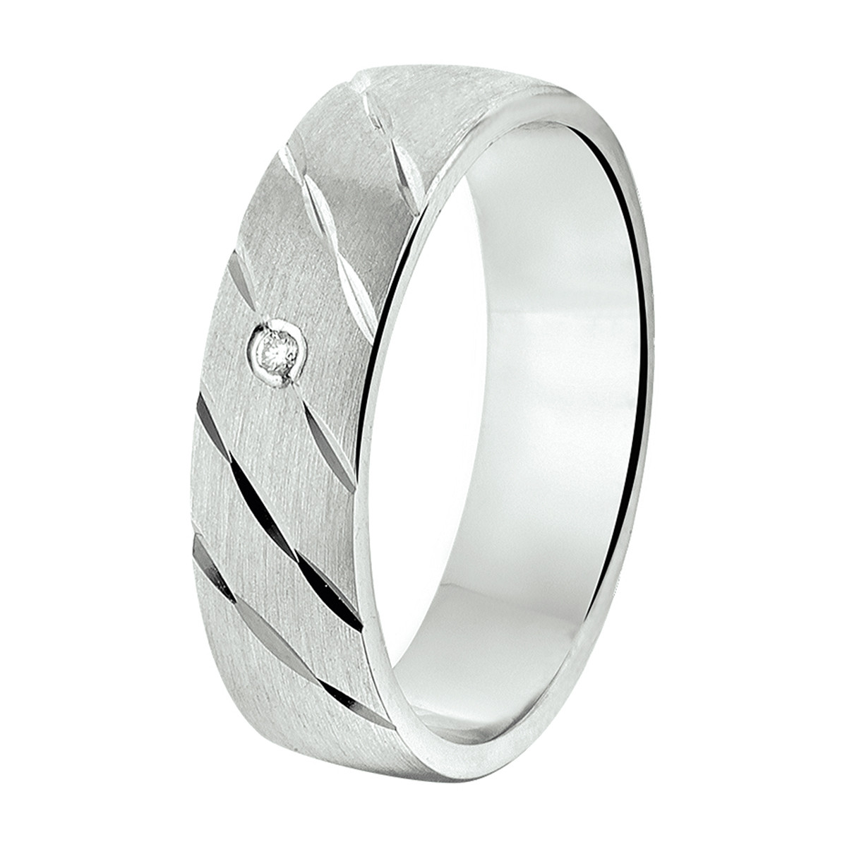 Matte zilveren ring met glanzende diagonalen en diamant 0.02 crt 5 mm breed