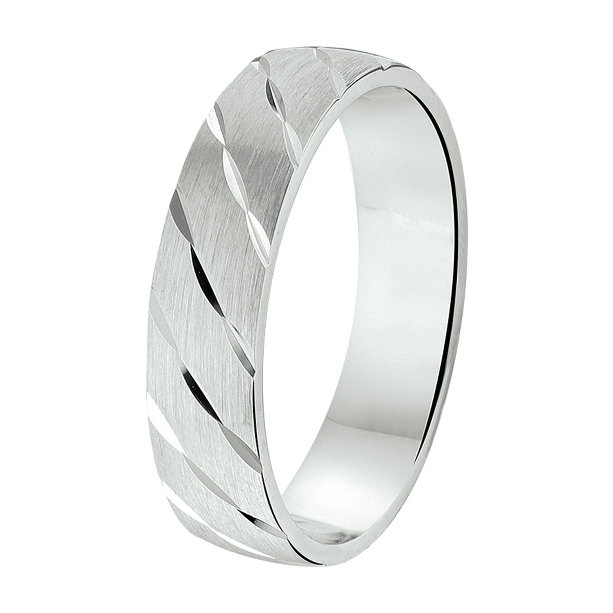 Matte zilveren ring met unieke diagonale glanzende lijnen 5 mm breed