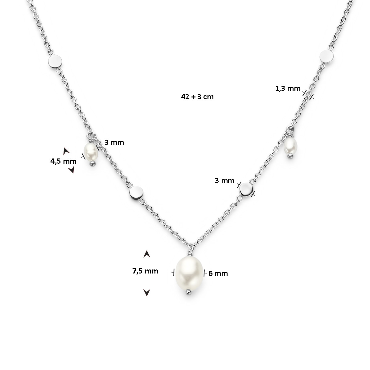Moderne zilveren parelketting met drie parels en zilveren rondjes - Lengte 42-45 cm