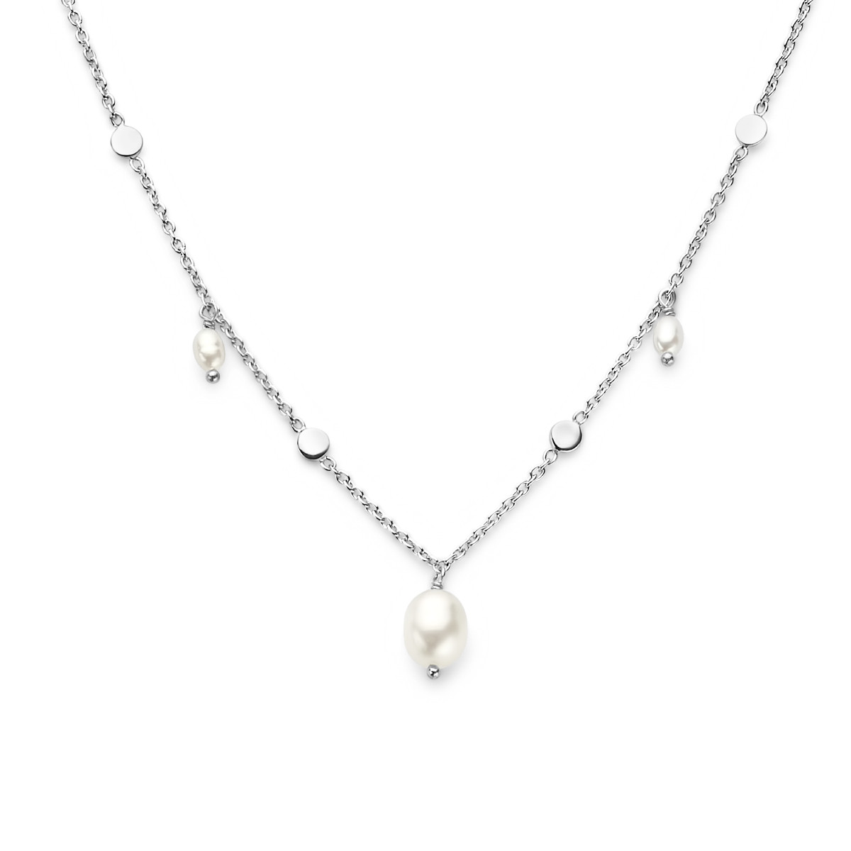 Moderne zilveren parelketting met drie parels en zilveren rondjes - Lengte 42-45 cm