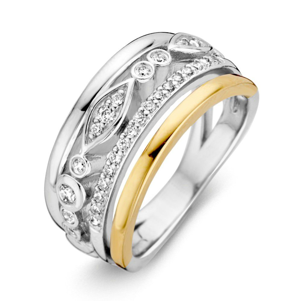 Modieuze ring 585 goud en zilver en zirkonia