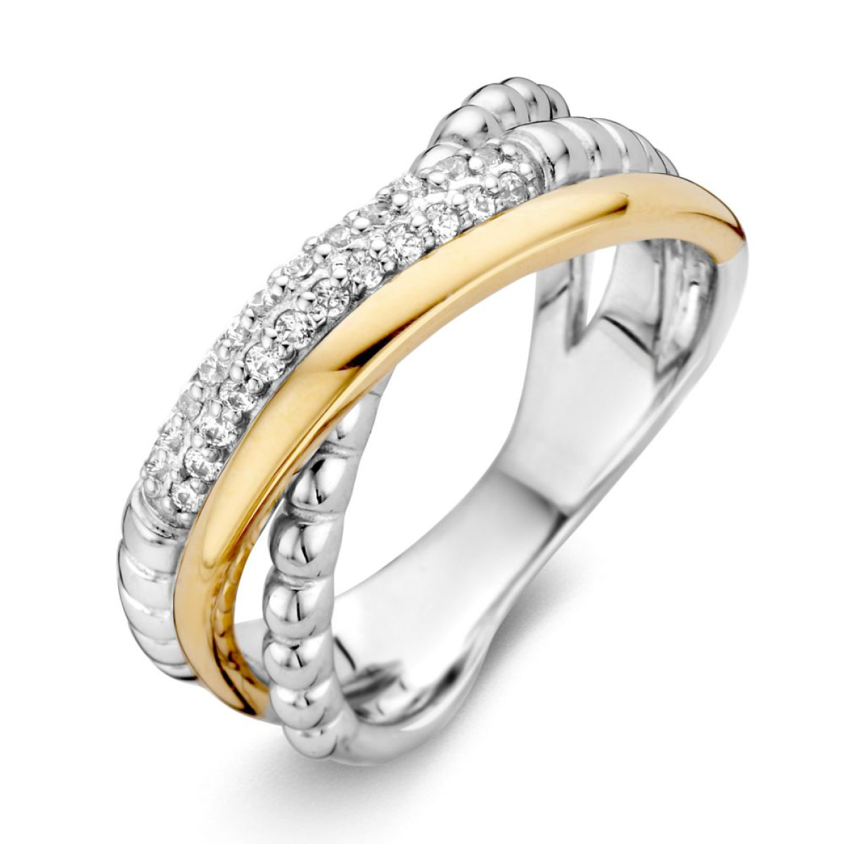 Modieuze ring van 14 krt goud met zilver en zirkonia