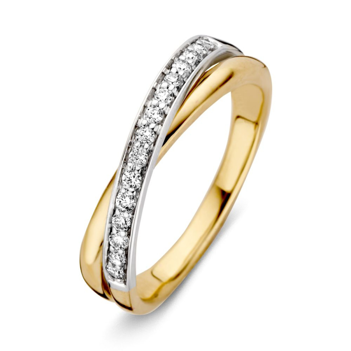 Mooie bicolor ring met pavé band diamant 0.20 crt.