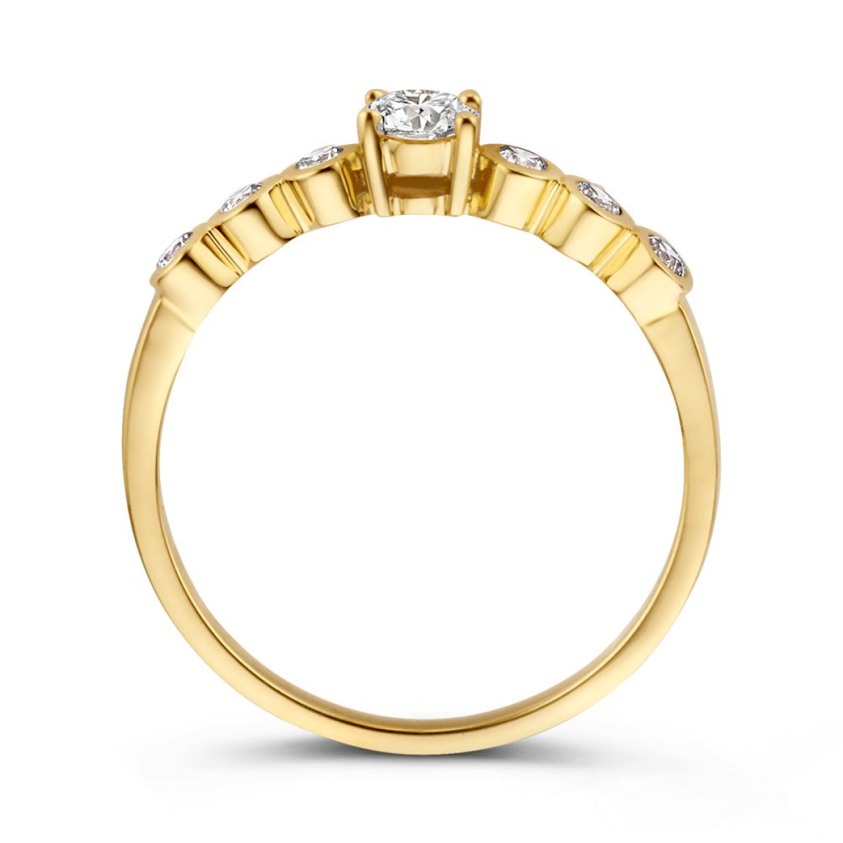 Mooie gouden ring met ronde zirkonia schakels van 4 mm breed