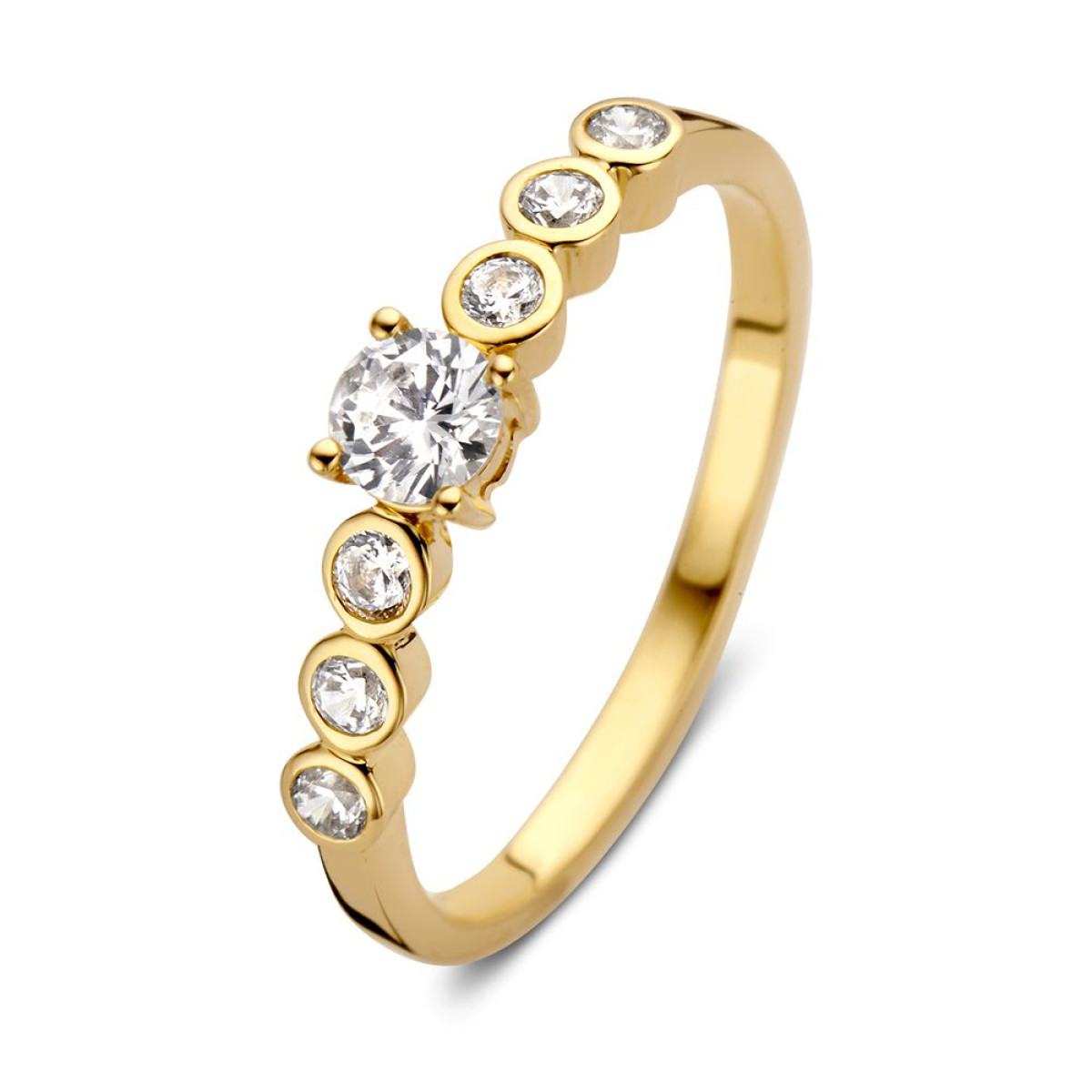 Mooie gouden ring met ronde zirkonia schakels van 4 mm breed
