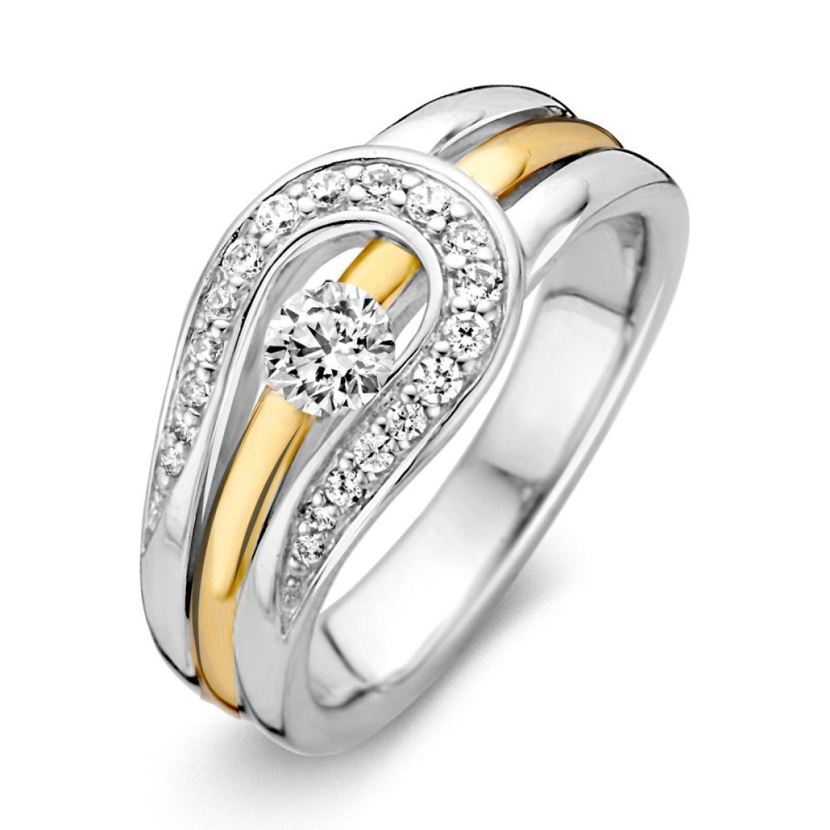 Mooie ring 14 karaat goud en zilver en zirkonia