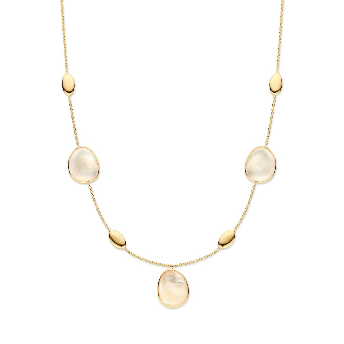 Mooie schakelketting met 14-karaat gouden ovaaltjes en witte parelmoer - Lengte 45 cm