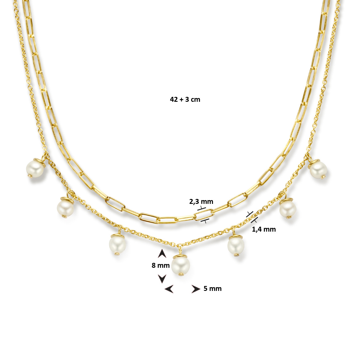 Multi-collier met parels en paperclip schakel - Lengte 42 + 3 cm
