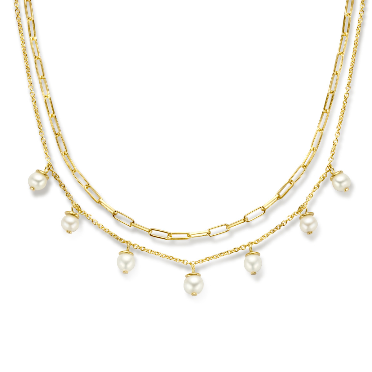 Multi-collier met parels en paperclip schakel - Lengte 42 + 3 cm