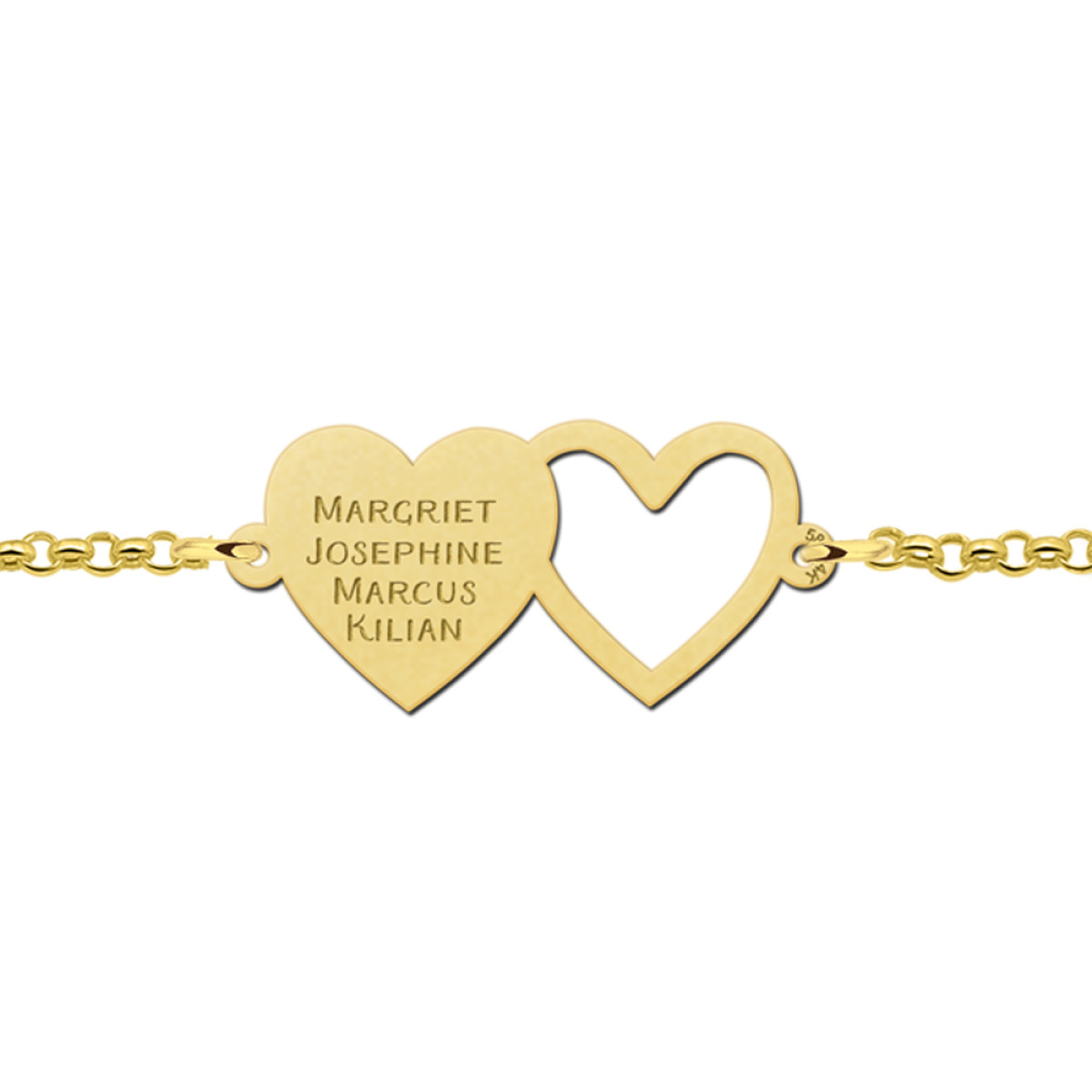 Names4ever gouden armband met open en dicht hartje en eigen tekst 