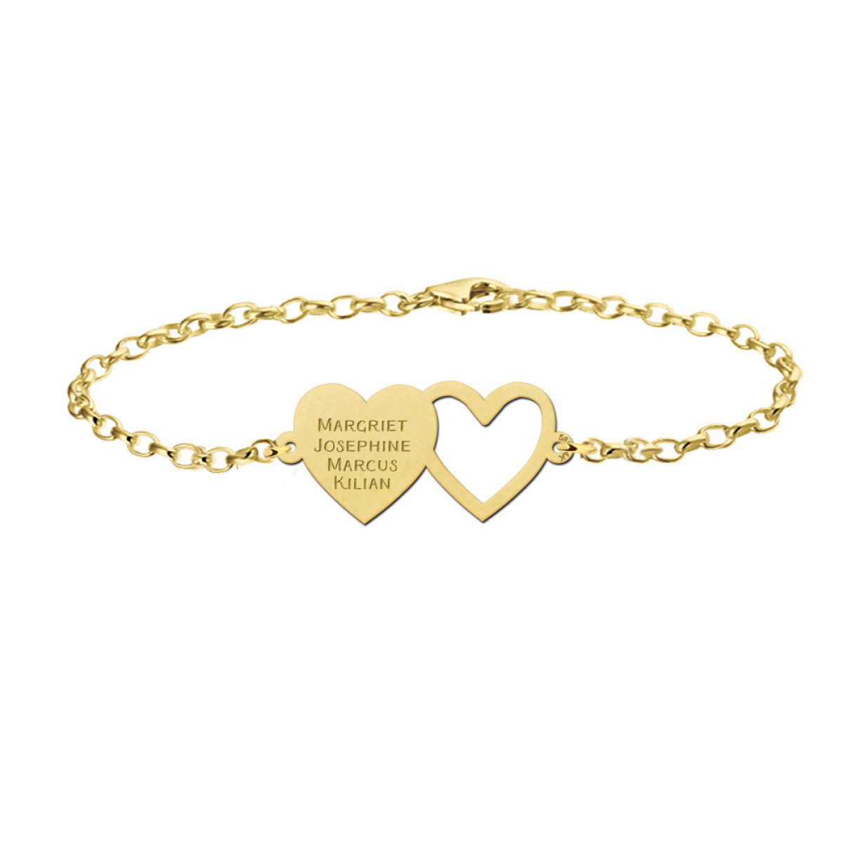 Names4ever gouden armband met open en dicht hartje en eigen tekst 