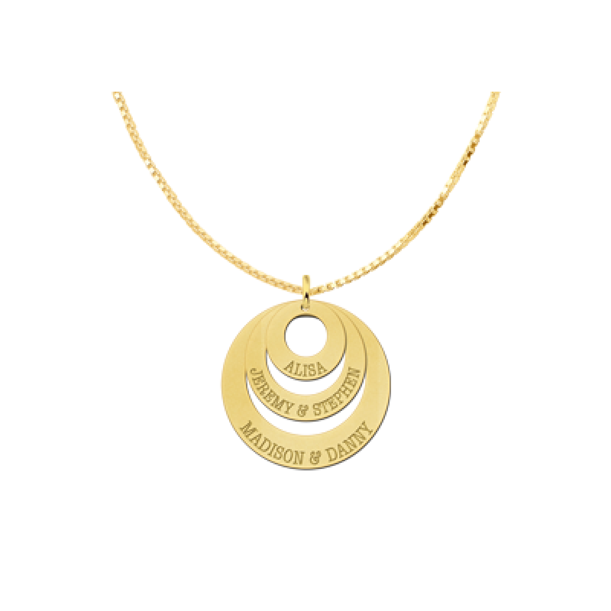 Names4ever gouden hanger met drie cirkels en namen - 30, 21 en 14 mm