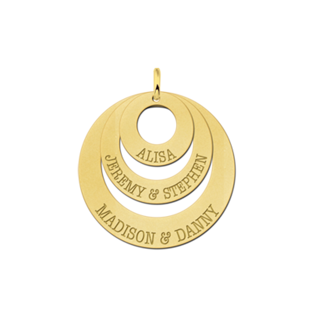 Names4ever gouden hanger met drie cirkels en namen - 30, 21 en 14 mm