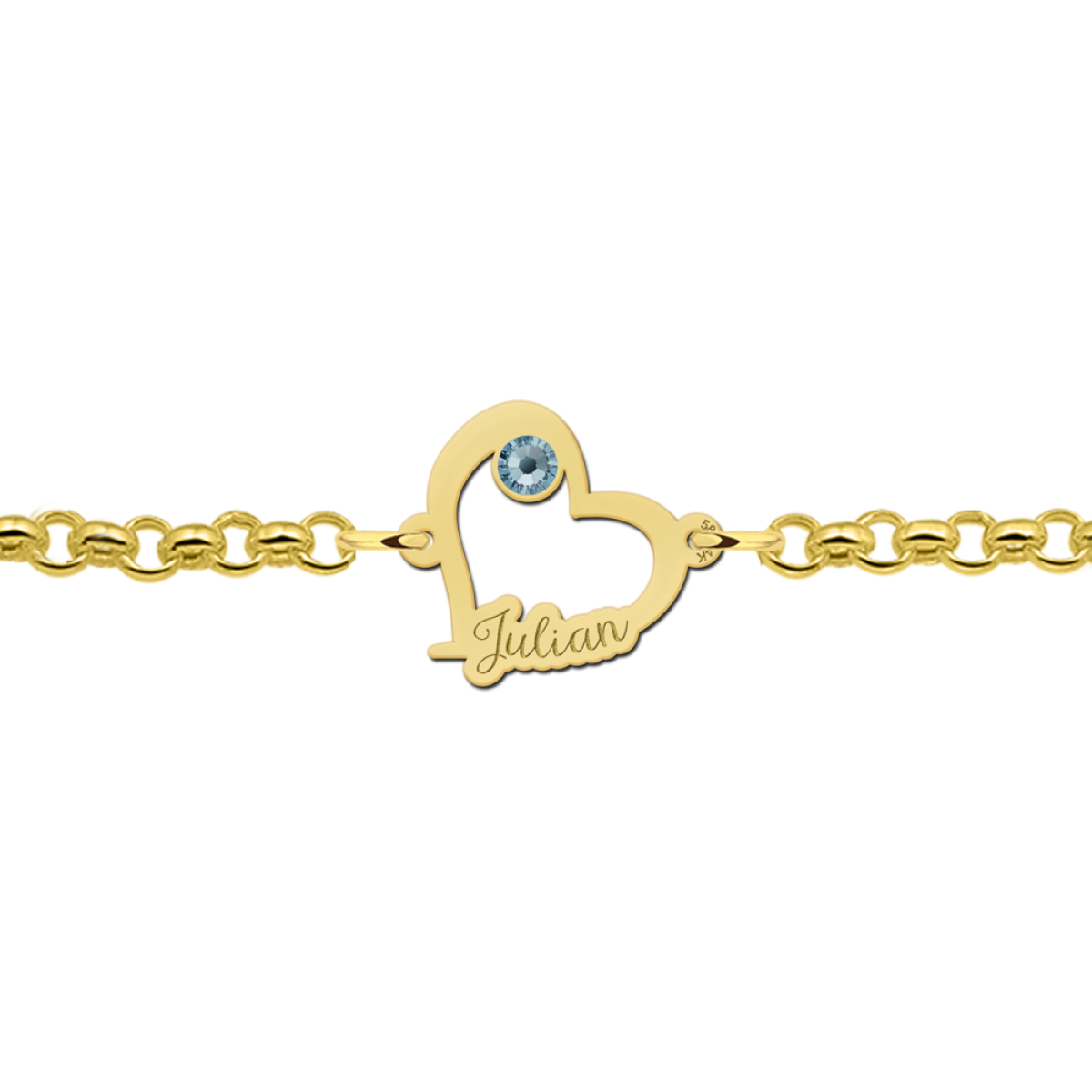Names4ever gouden hartjes armband met naam outlined en steentje 