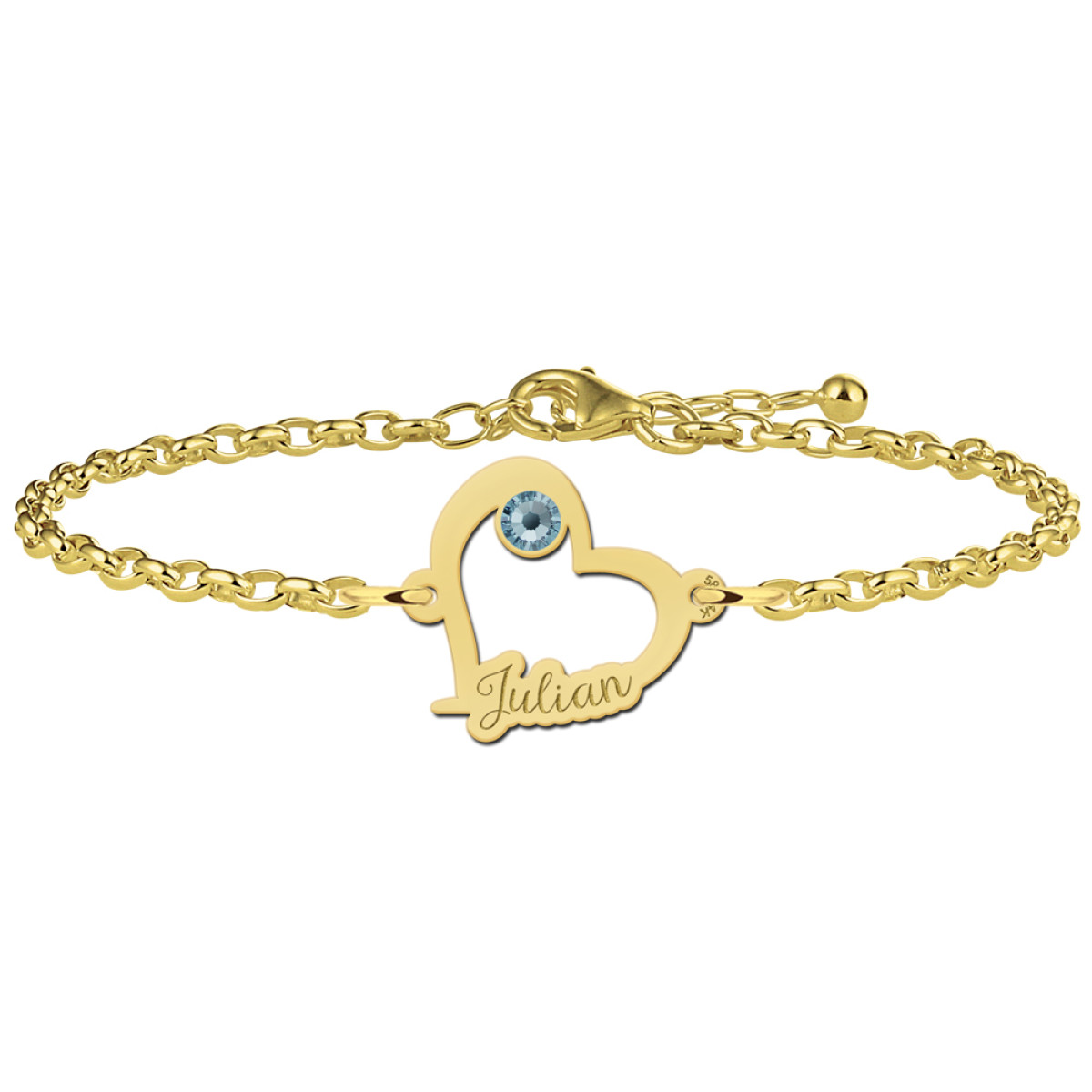 Names4ever gouden hartjes armband met naam outlined en steentje 