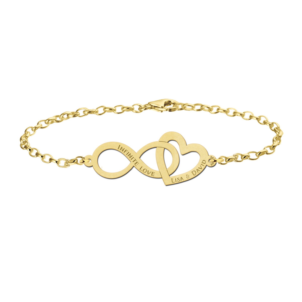 Names4ever gouden armband met open hartje en infinity met eigen tekst 