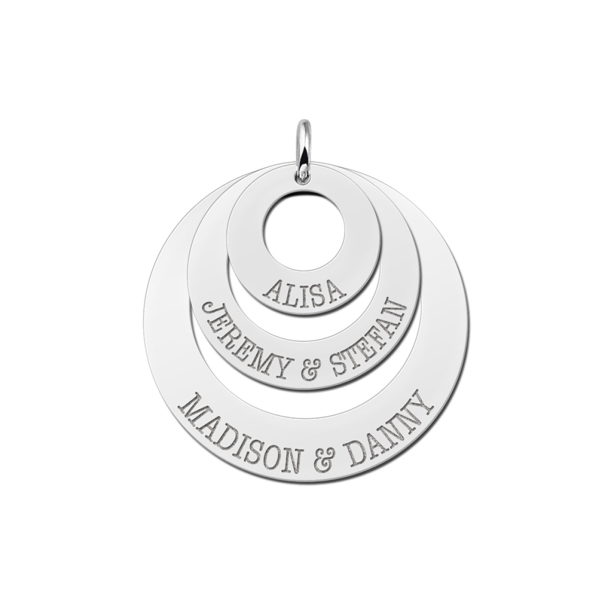 Names4ever zilveren hanger met drie cirkels en namen - 30, 21 en 14 mm