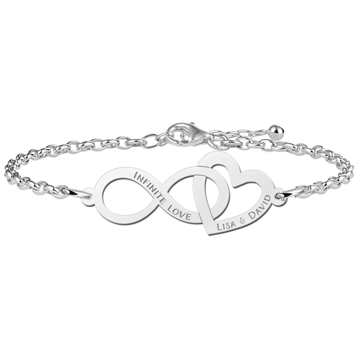 Names4ever zilveren armband met open hartje en infinity met eigen tekst 