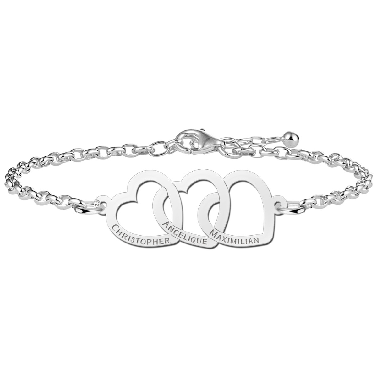 Names4ever zilveren armband met drie hartjes en namen 