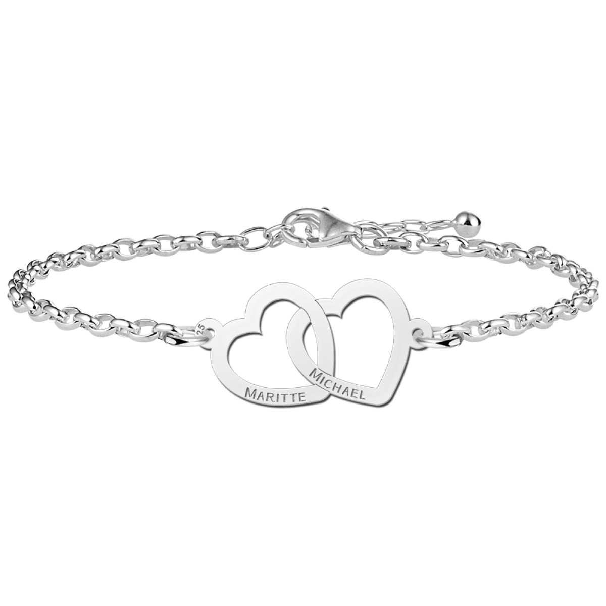 Names4ever zilveren armband met twee hartjes liggend en namen 