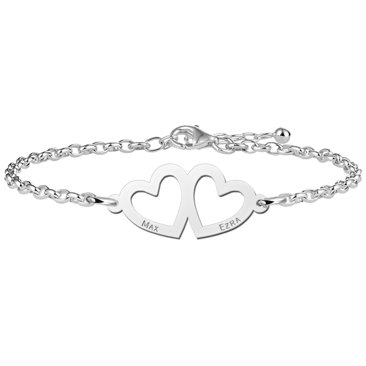 Names4ever zilveren armband met twee hartjes tegen elkaar en namen 