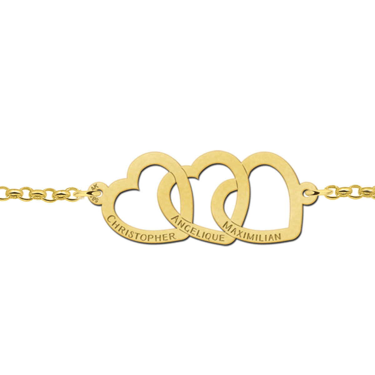 Names4ever gouden armband met drie hartjes en namen 