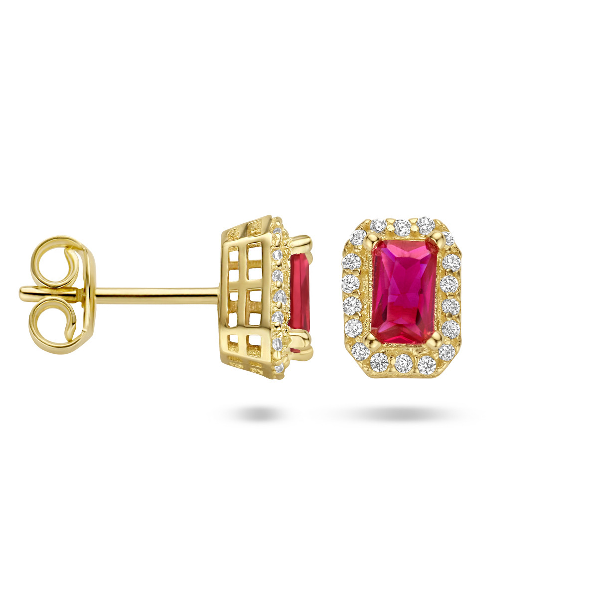 Oorknoppen 14 Karaat goud met synthetische robijn en zirkonia's - 5.5 x 7.5 mm