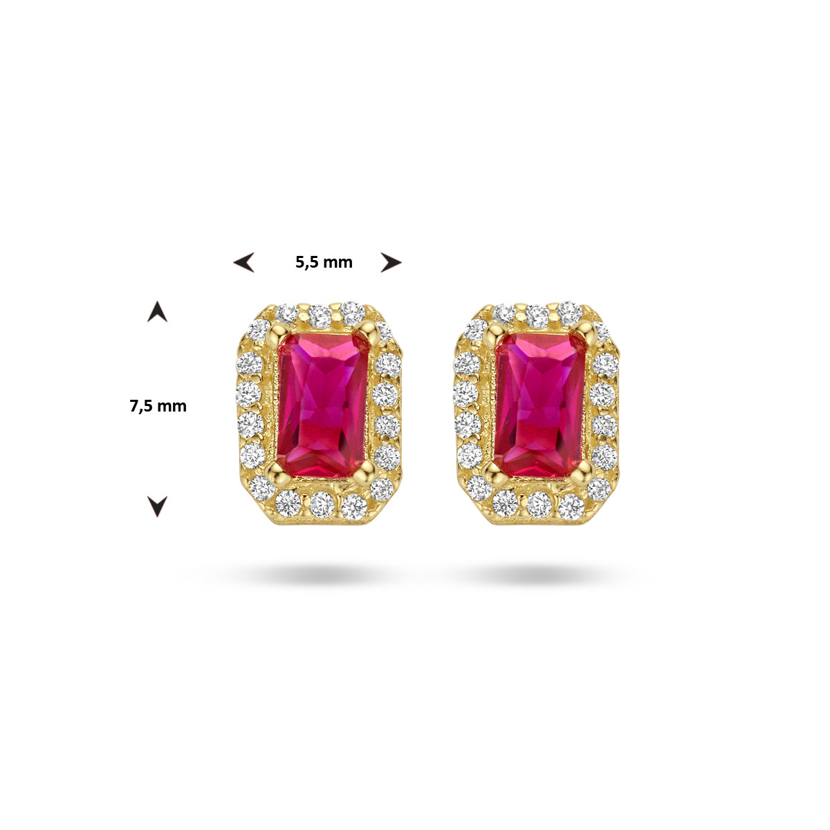 Oorknoppen 14 Karaat goud met synthetische robijn en zirkonia's - 5.5 x 7.5 mm