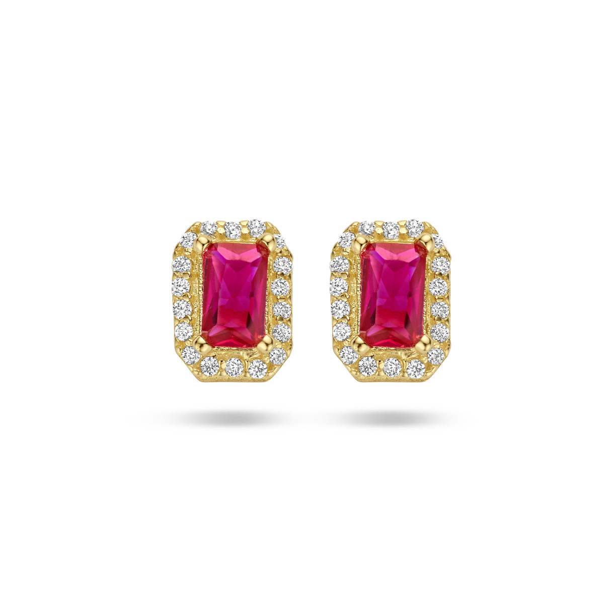 Oorknoppen 14 Karaat goud met synthetische robijn en zirkonia's - 5.5 x 7.5 mm