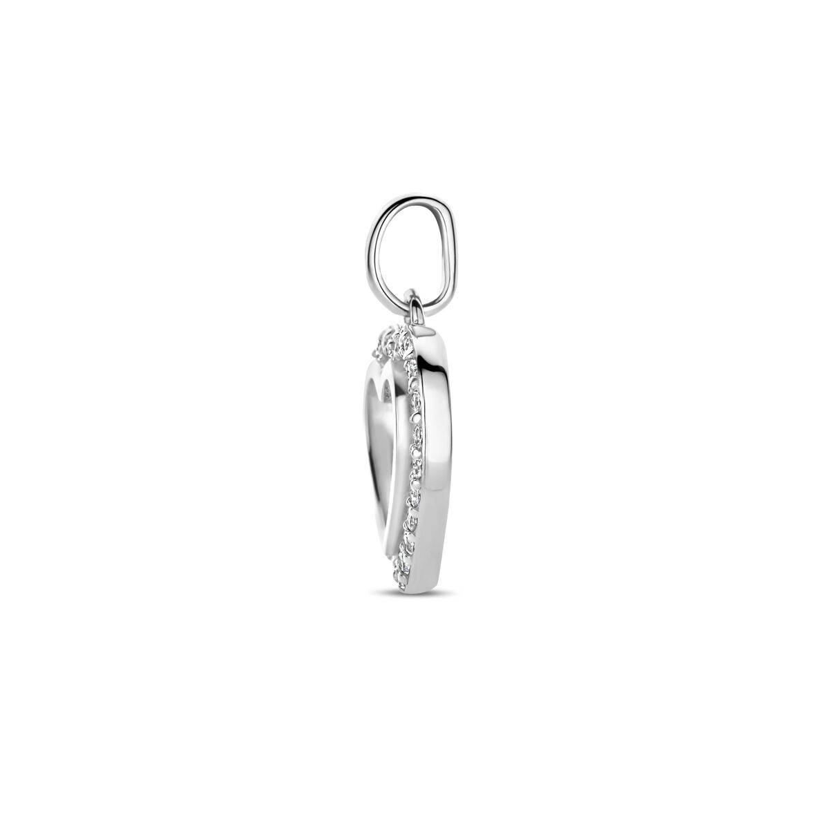 Opengewerkte zilveren hartjes hanger met zirkonia rand 12.5 mm breed - Hoogte 17.5 mm