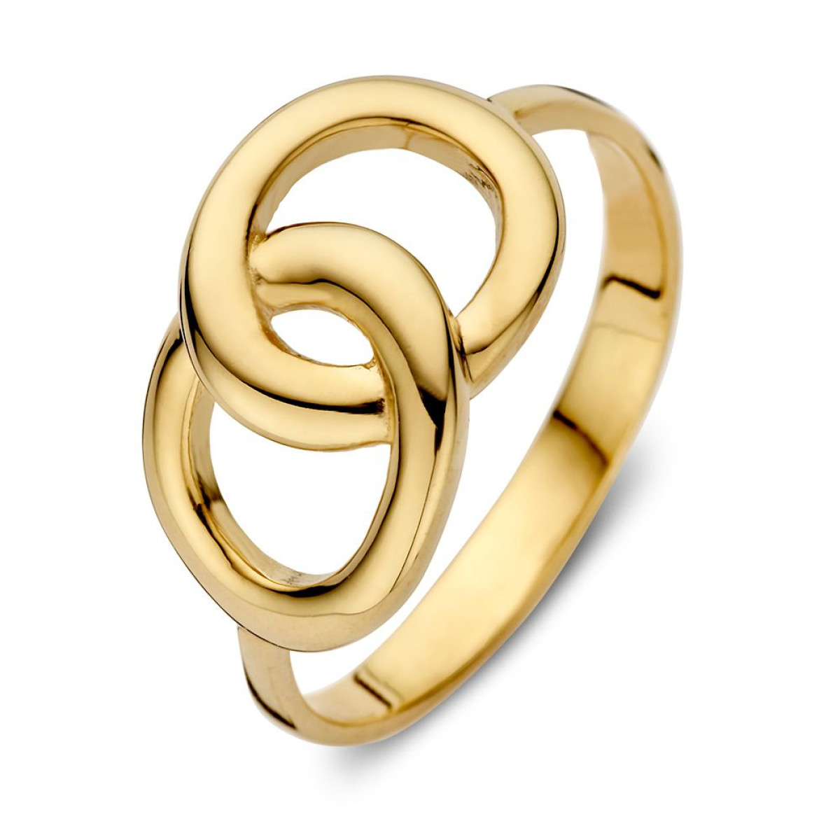 Opvallende 14-karaat gouden ring met twee verbonden ovalen van 10 mm breed