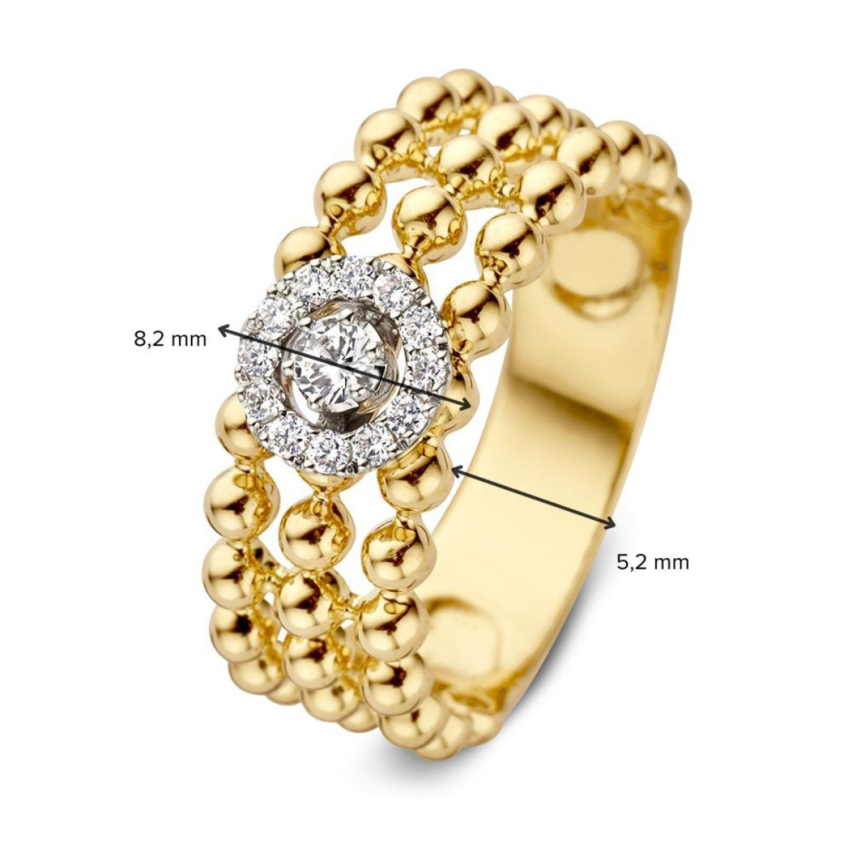 Opvallende witgouden diamanten ring 0.19 crt met gouden bolletjes schakels van 8.2 mm