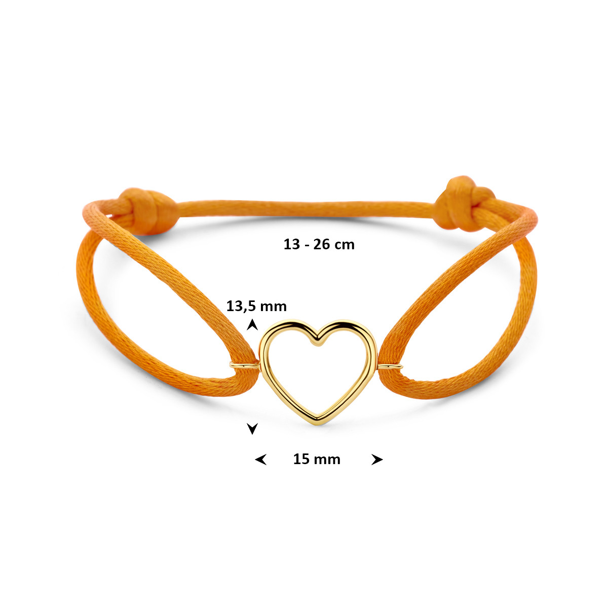 Oranje satijnen koordarmband voor dames met gouden hart 15 mm breed - Lengte 13-26 cm