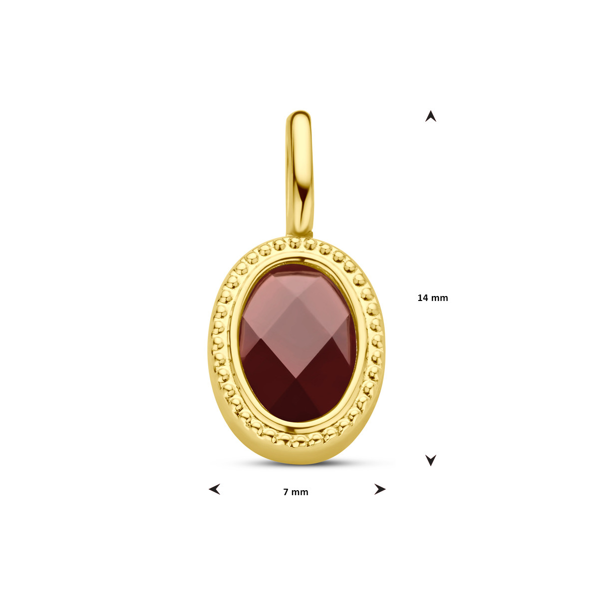 Ovale gouden hanger met rode granaat en bolletjes - 7.5 mm x 14 mm